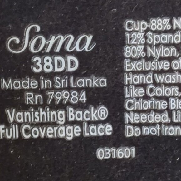 Soma 38DD Bra Black Vanishing Back Full Coverage Underwire Lace Overlay - Picture 4 of 4